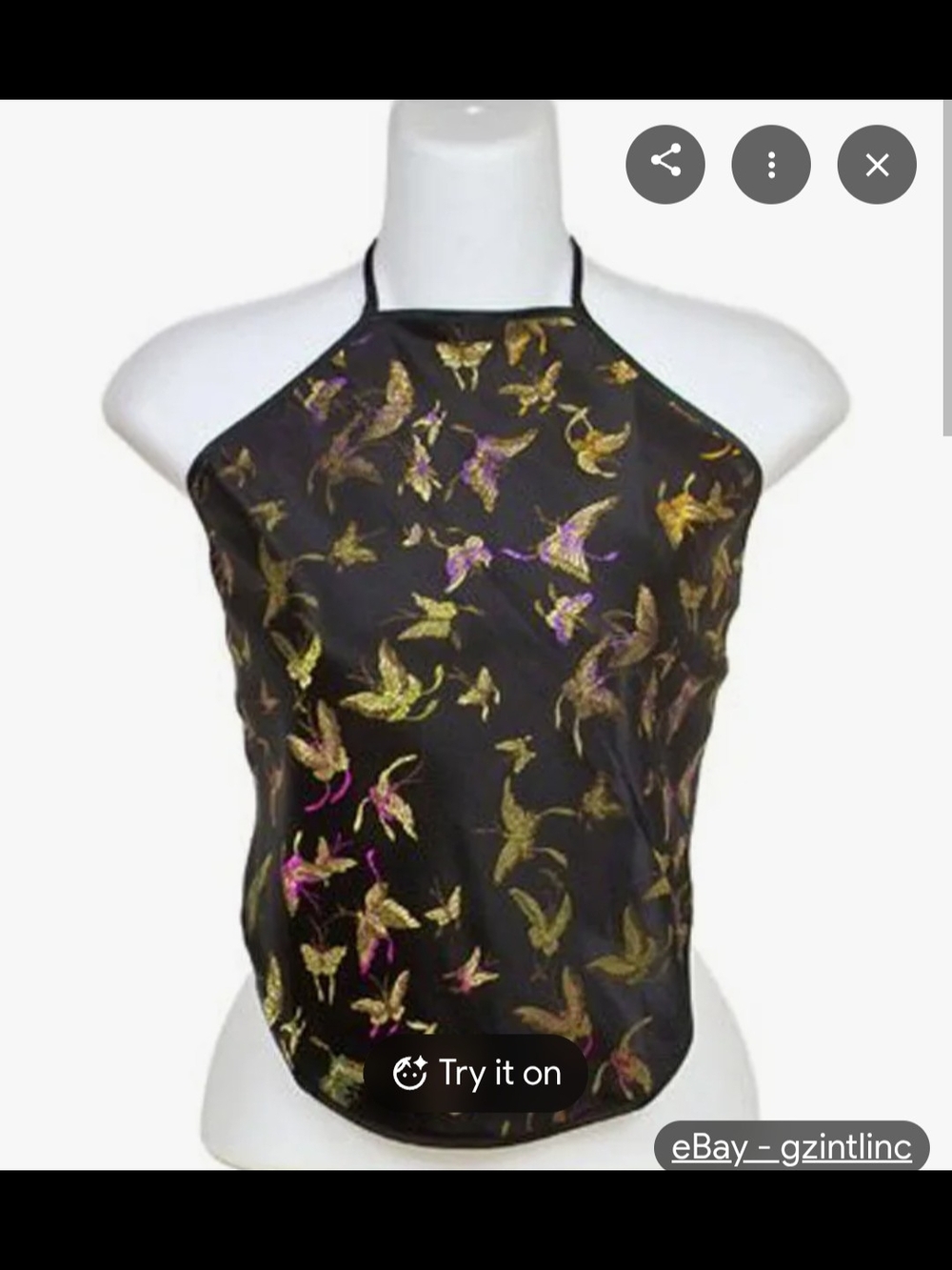 Black Halter Satin Cami with Metallic Butterfly Print